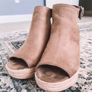 Micro-suede shield espadrille wedges